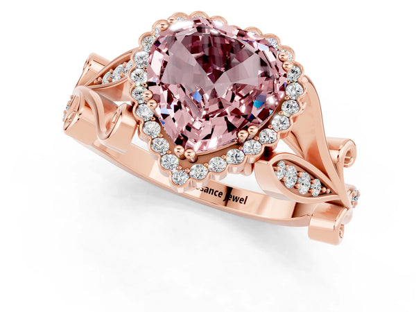 Rose gold Heart Cut Morganite Halo Ring with Vintage Split Shank and Four-Prong Setting
