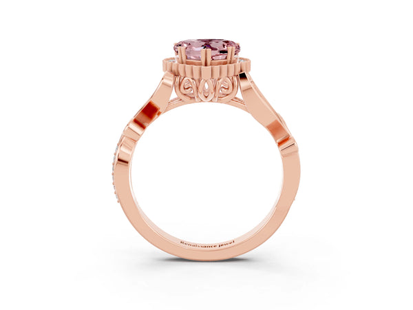 Rose gold Heart Cut Morganite Halo Ring with Vintage Split Shank and Four-Prong Setting