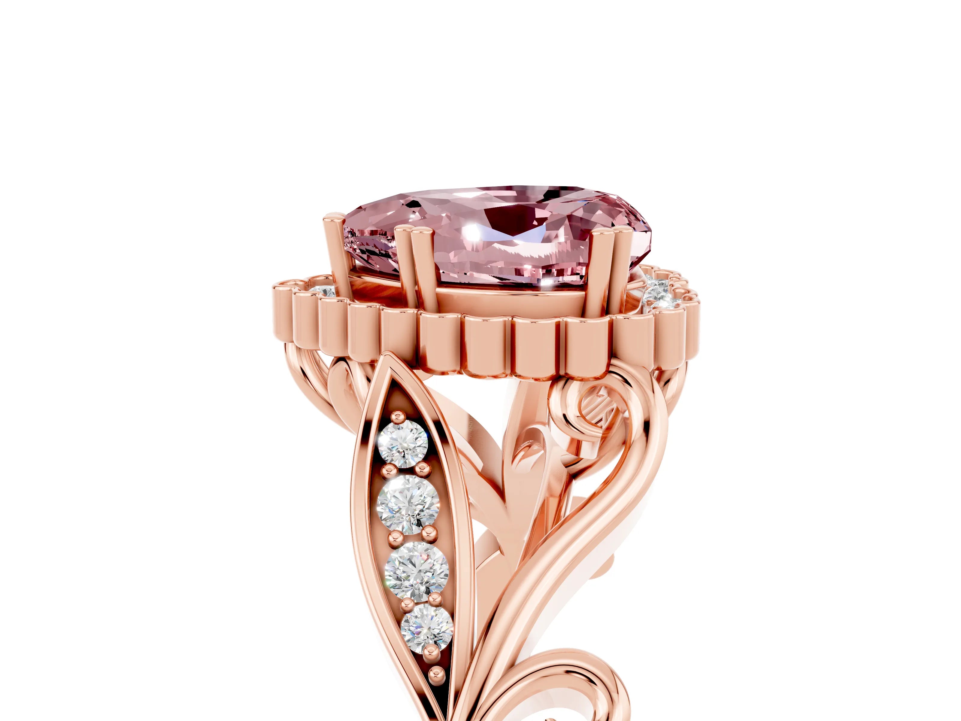 Rose gold Heart Cut Morganite Halo Ring with Vintage Split Shank and Four-Prong Setting_5