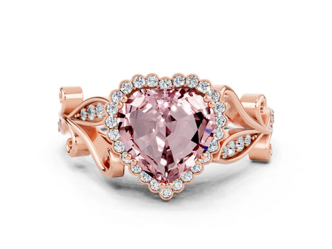 Rose gold Heart Cut Morganite Halo Ring with Vintage Split Shank and Four-Prong Setting