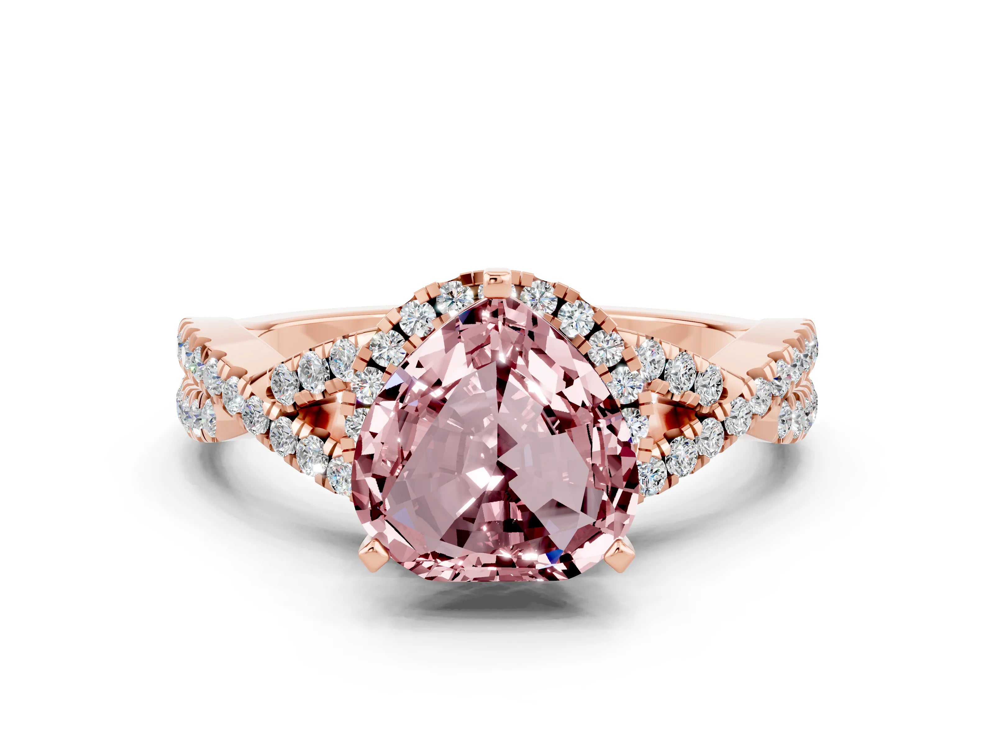 Rose gold Heart Cut Morganite Halo Twist Band Solitaire Prong Setting Ring