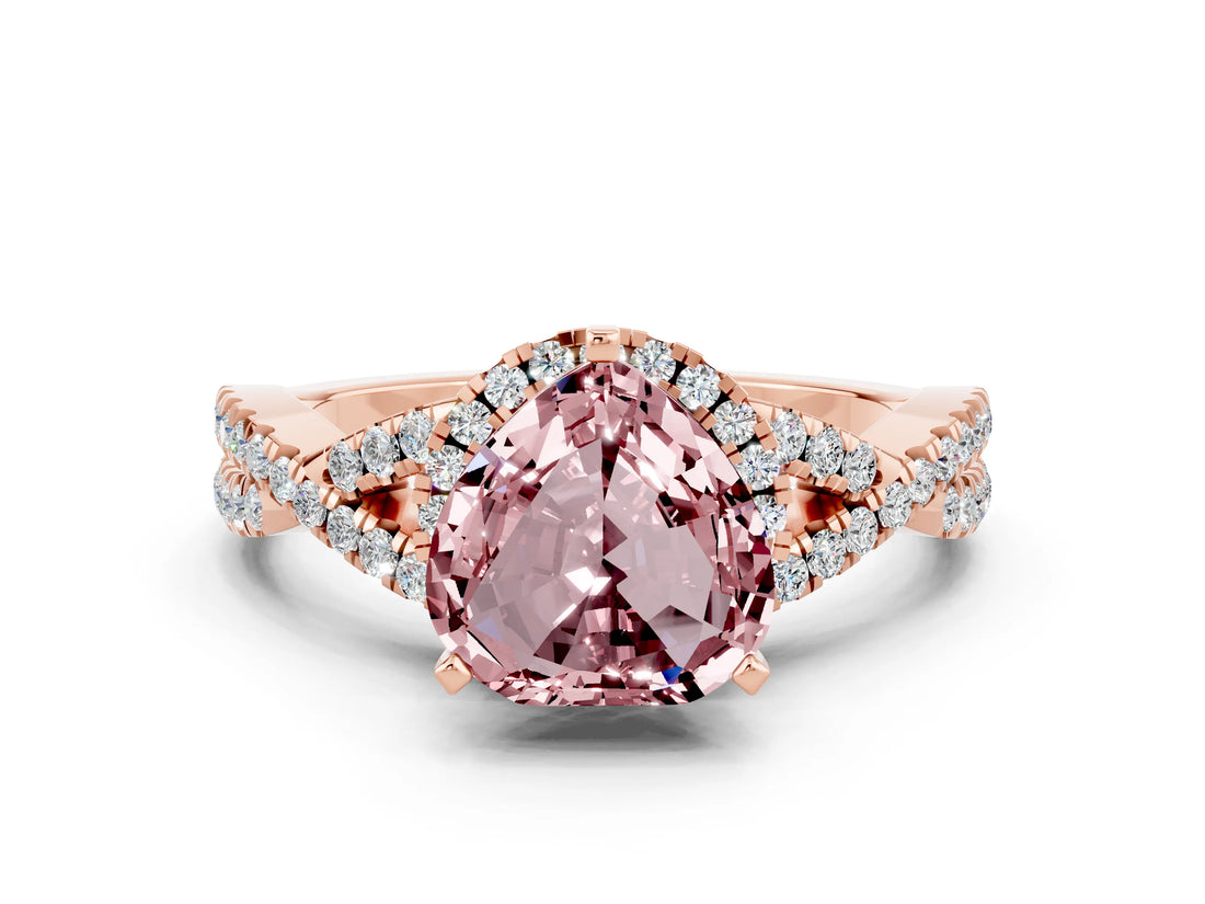 Rose gold Heart Cut Morganite Halo Twist Band Solitaire Prong Setting Ring