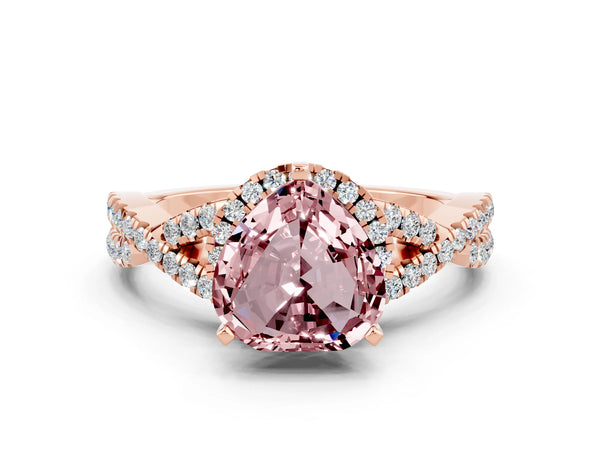 Rose gold Heart Cut Morganite  Halo Twist Band Solitaire Prong Setting Ring