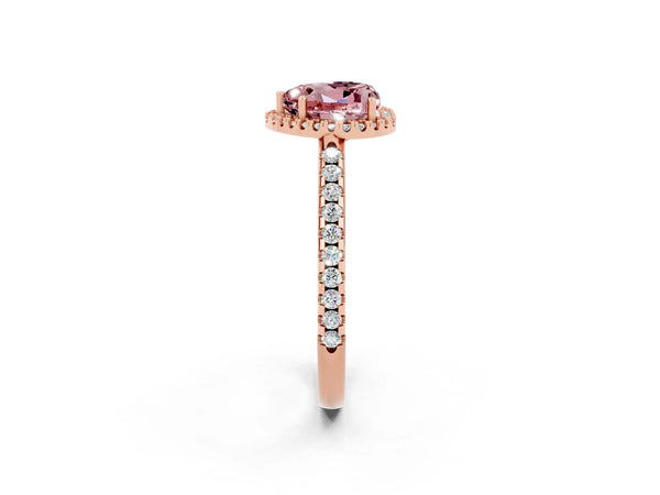 Rose gold Heart Cut Morganite Pavé Halo Ring with Four-Prong Setting