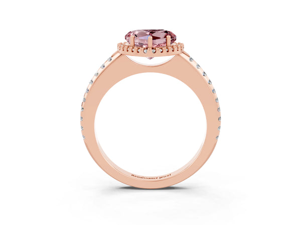 Rose gold Heart Cut Morganite Pavé Halo Ring with Four-Prong Setting