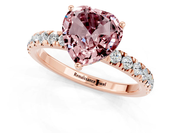 Rose gold Heart Cut Morganite Pave Band Solitaire Ring with Round  and Prong Setting