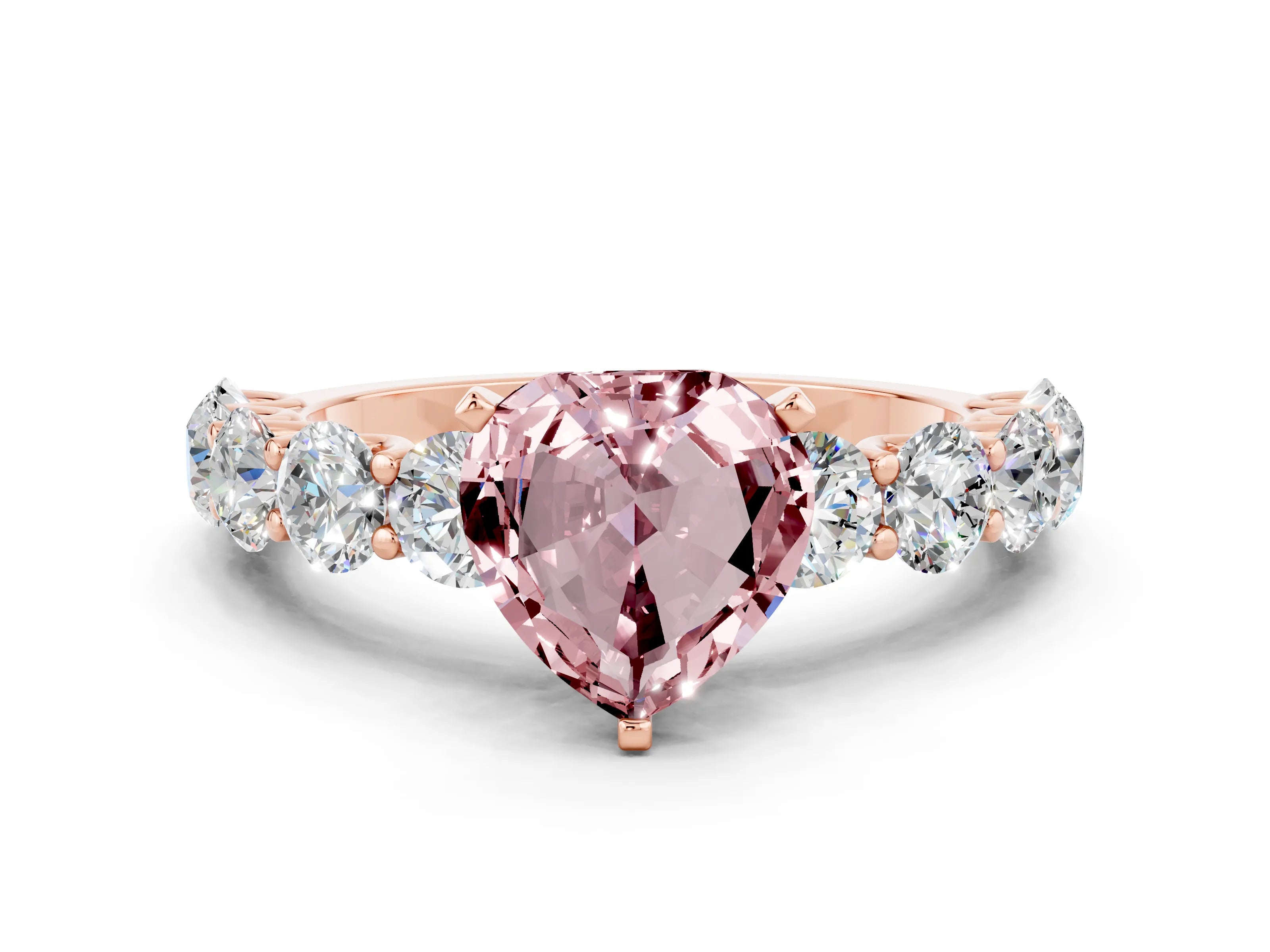 Rose gold Heart Cut Morganite Prong Setting with Side Stones on a Pave Band