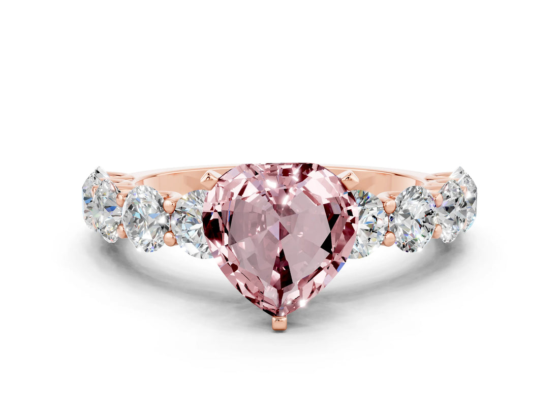 Rose gold Heart Cut Morganite Prong Setting with Side Stones on a Pave Band