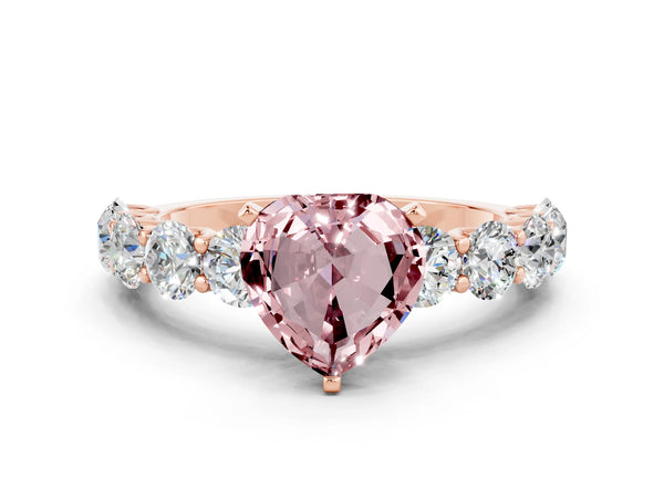 Rose gold Heart Cut Morganite Prong Setting with Side Stones on a Pave Band