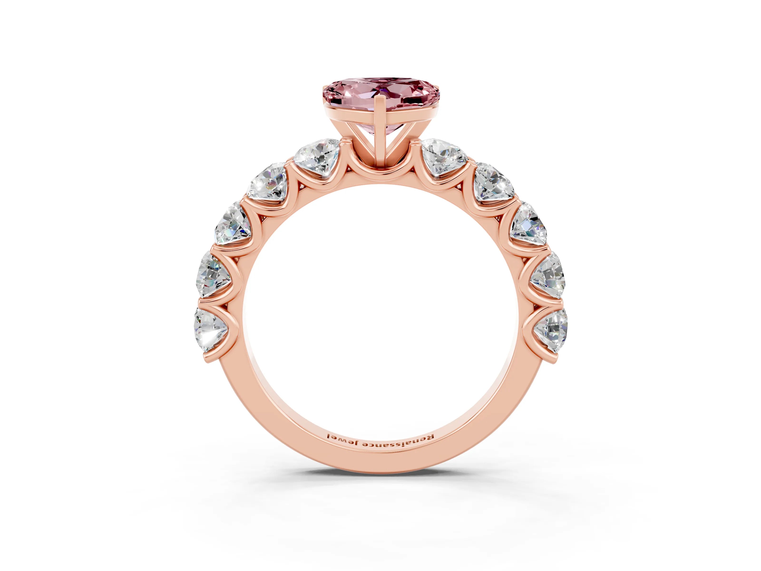 Rose gold Heart Cut Morganite Prong Setting with Side Stones on a Pave Band_3