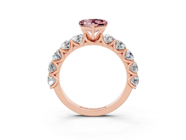 Rose gold Heart Cut Morganite Prong Setting with Side Stones on a Pave Band