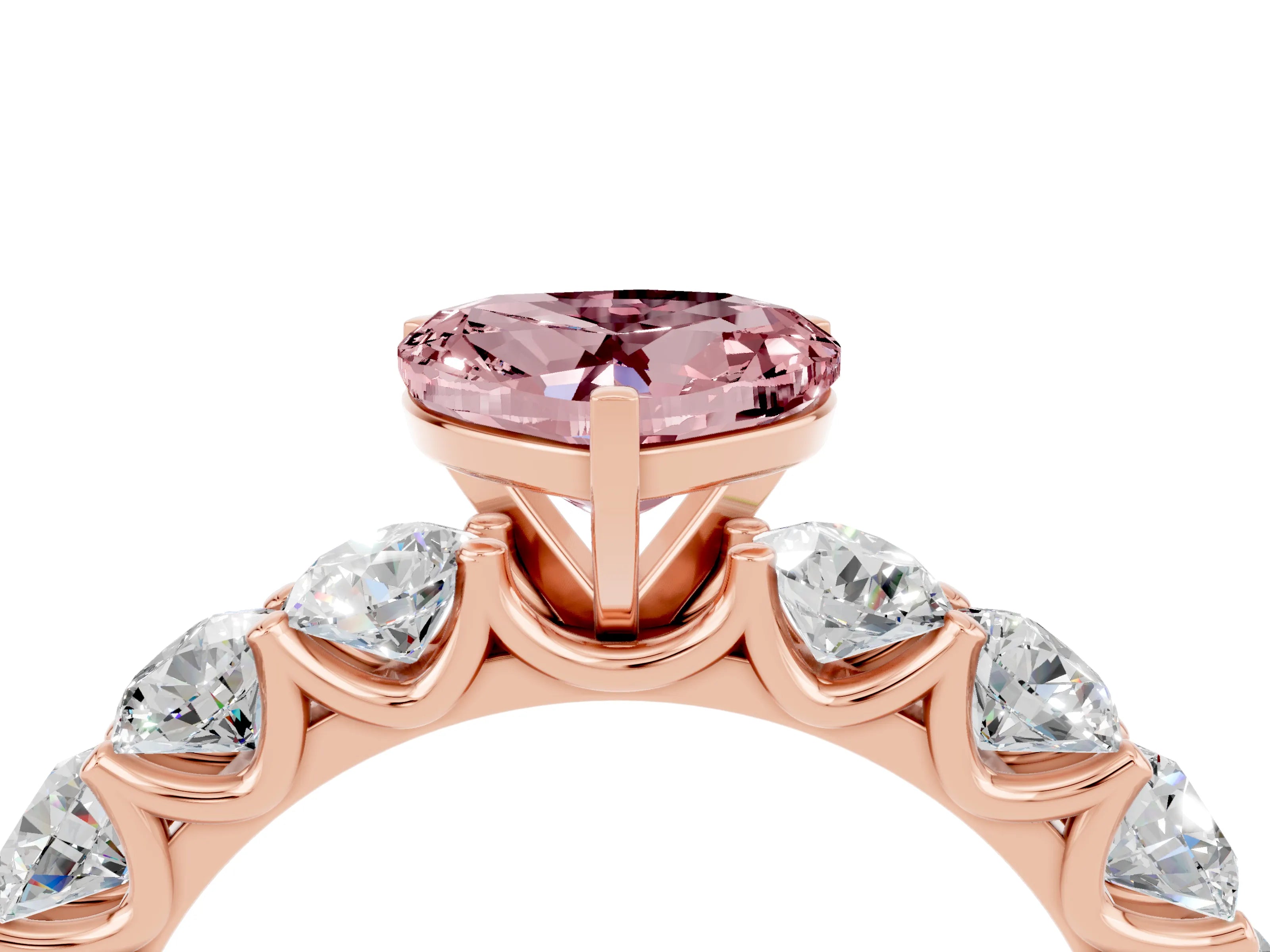 Rose gold Heart Cut Morganite Prong Setting with Side Stones on a Pave Band_4
