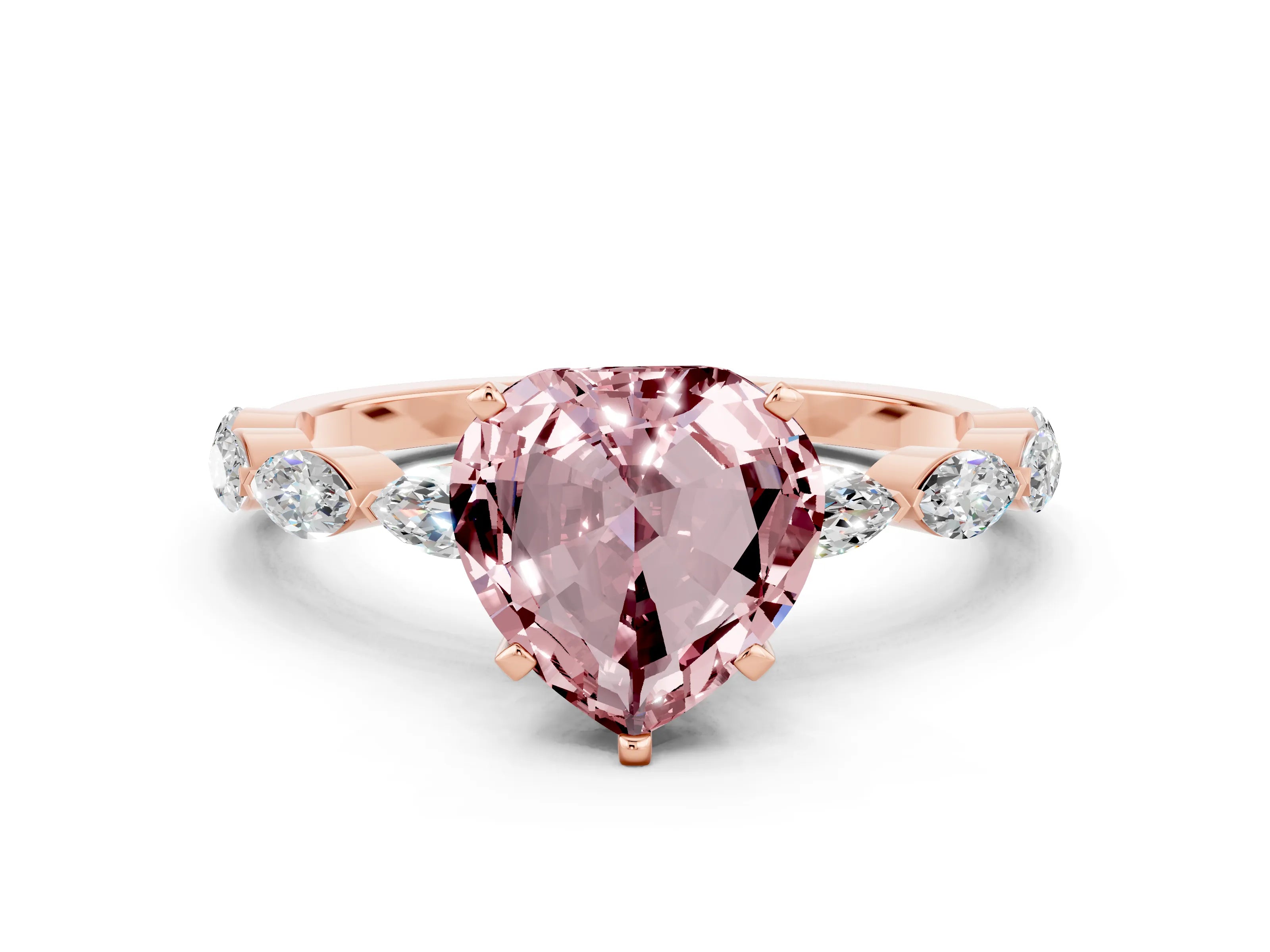 Rose gold Heart Cut Morganite Ring with Marquise Side Stones and Prong Setting