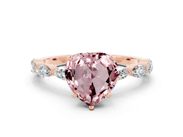 Rose gold Heart Cut Morganite Ring with Marquise Side Stones and Prong Setting