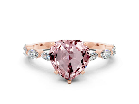 Rose gold Heart Cut Morganite Ring with Marquise Side Stones and Prong Setting