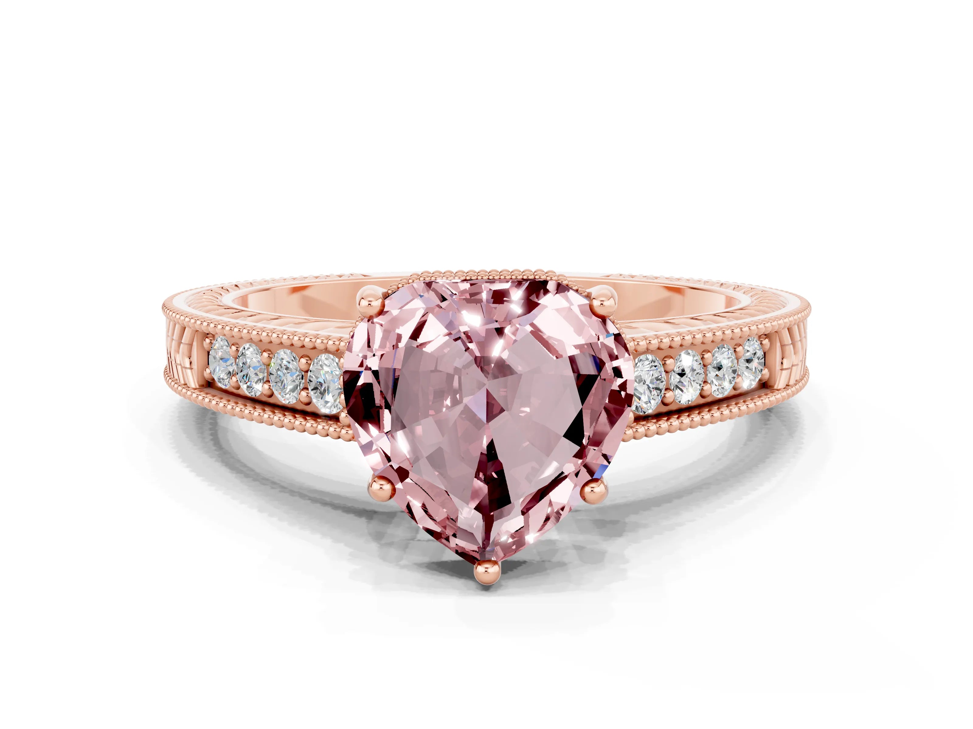 Rose gold Heart Cut Morganite Ring with Milgrain Pavé Band and Four-Prong Setting_12