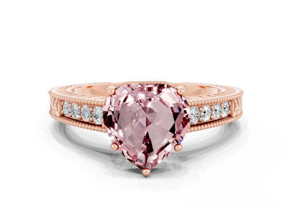 Rose gold Heart Cut Morganite Ring with Milgrain Pavé Band and Four-Prong Setting