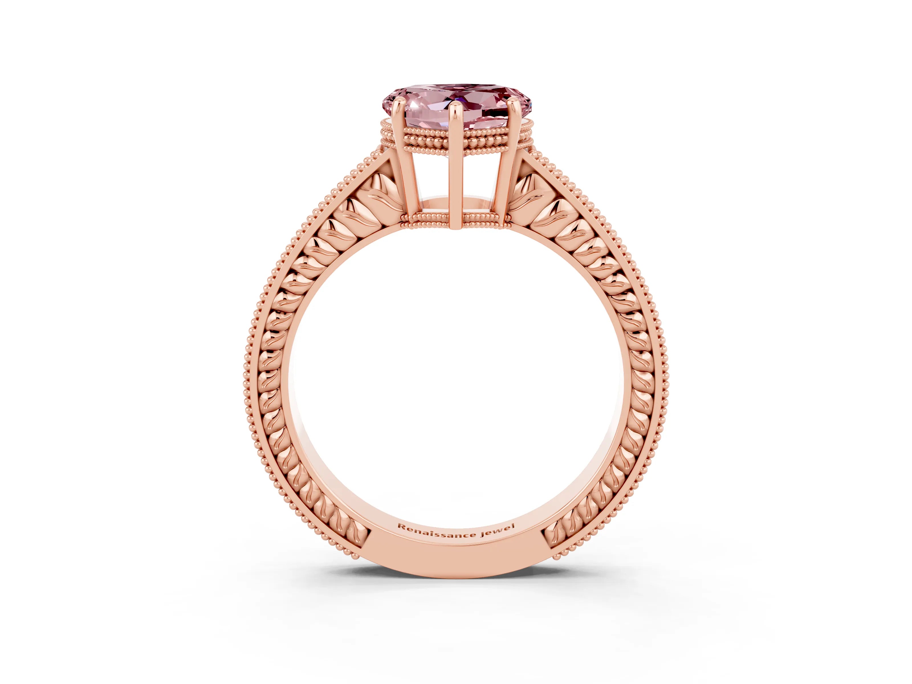 Rose gold Heart Cut Morganite Ring with Milgrain Pavé Band and Four-Prong Setting_15