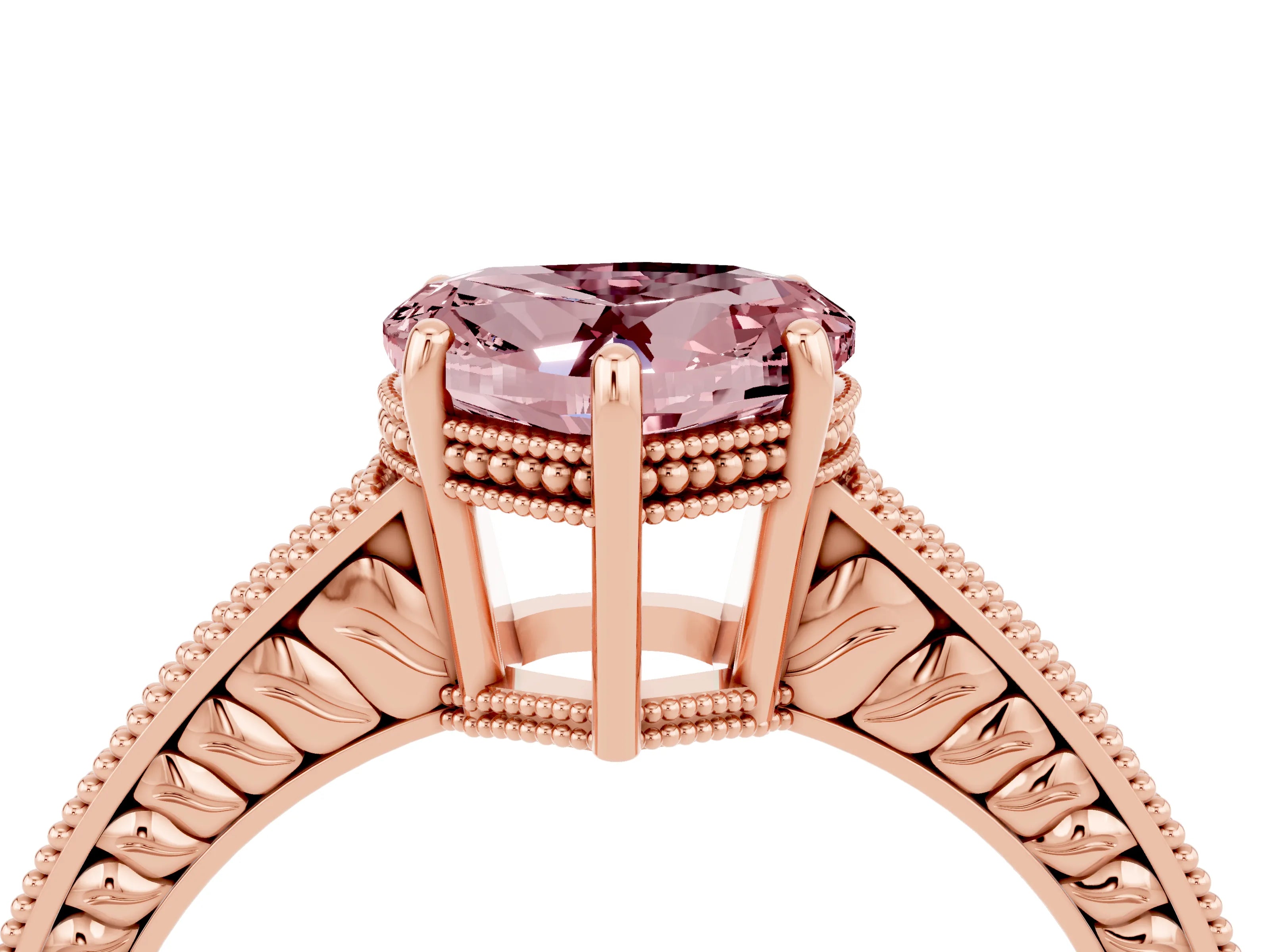 Rose gold Heart Cut Morganite Ring with Milgrain Pavé Band and Four-Prong Setting_16