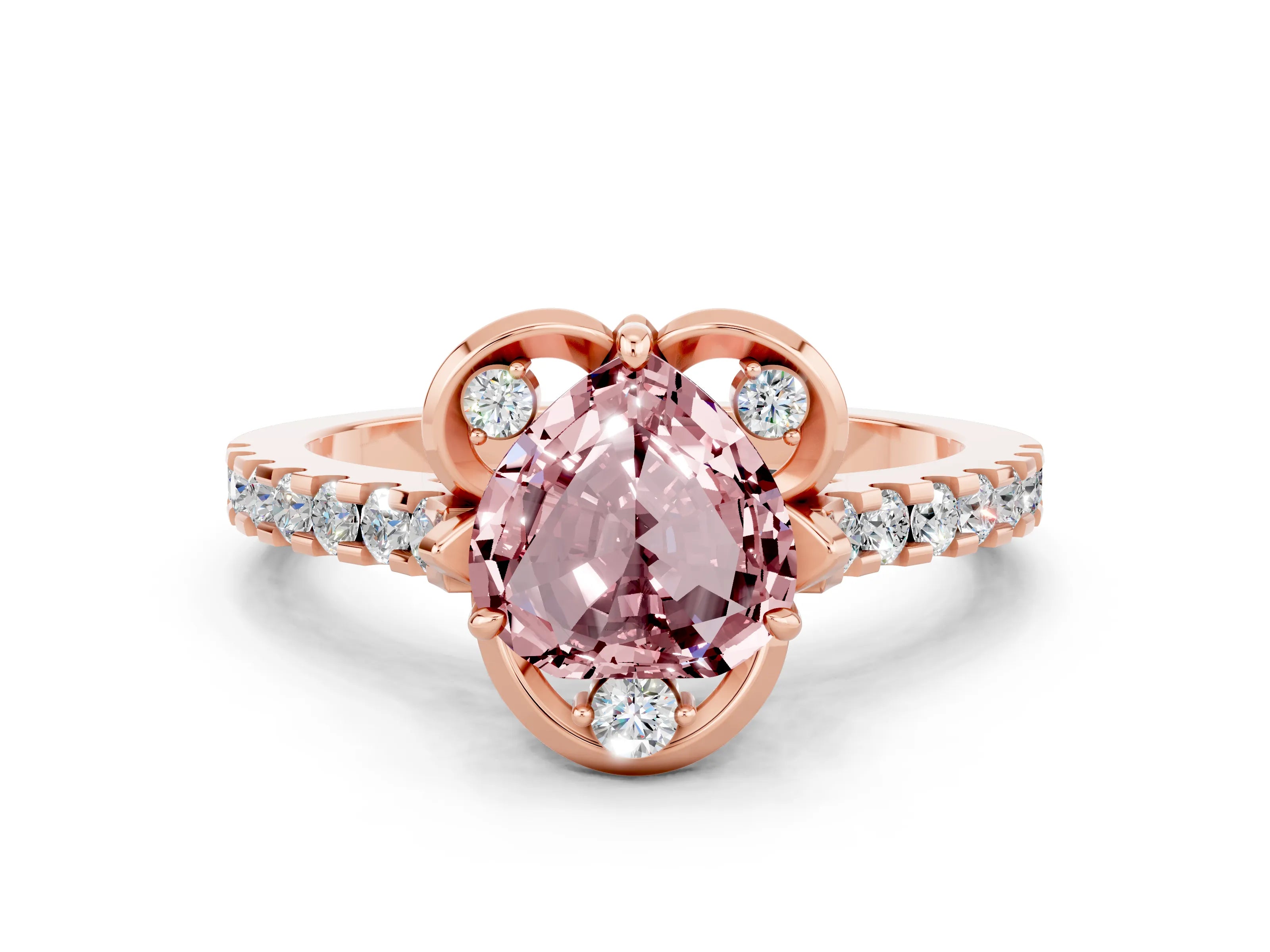 Rose gold Heart Cut Morganite Ring with Pavé Band and Floral Prong Setting