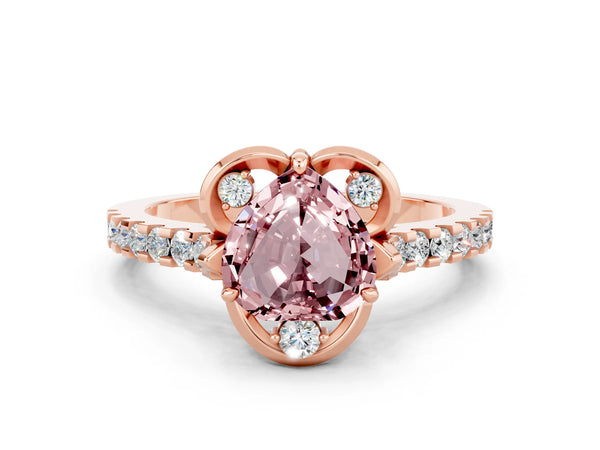 Rose gold Heart Cut Morganite Ring with Pavé Band and Floral Prong Setting