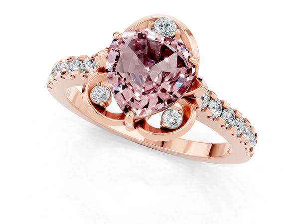 Rose gold Heart Cut Morganite Ring with Pavé Band and Floral Prong Setting