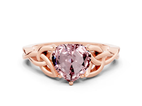Rose gold Heart Cut Morganite Solitaire Engagement Ring with Celtic Knot Band and Four-Prong Setting
