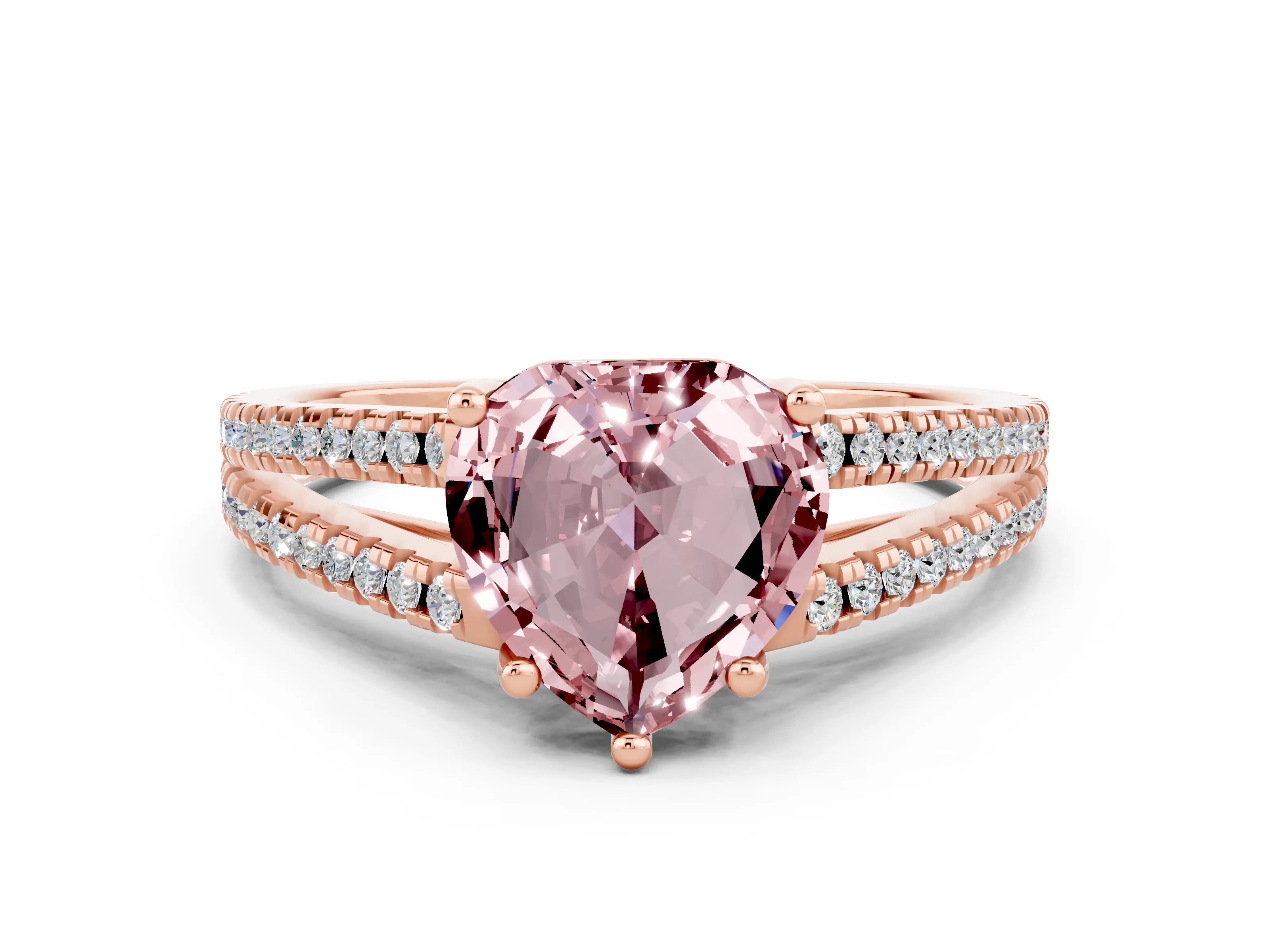 Rose gold Heart Cut Morganite Solitaire Engagement Ring with Split Shank Pavé Band