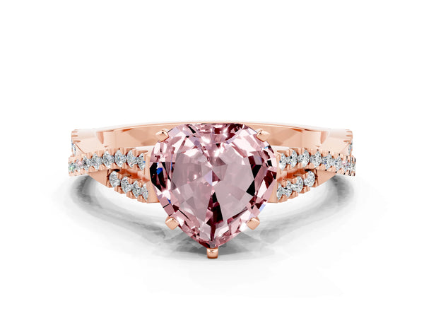 Rose gold Heart Cut Morganite Solitaire Engagement Ring with Twisted Pavé Band and Four-Prong Setting