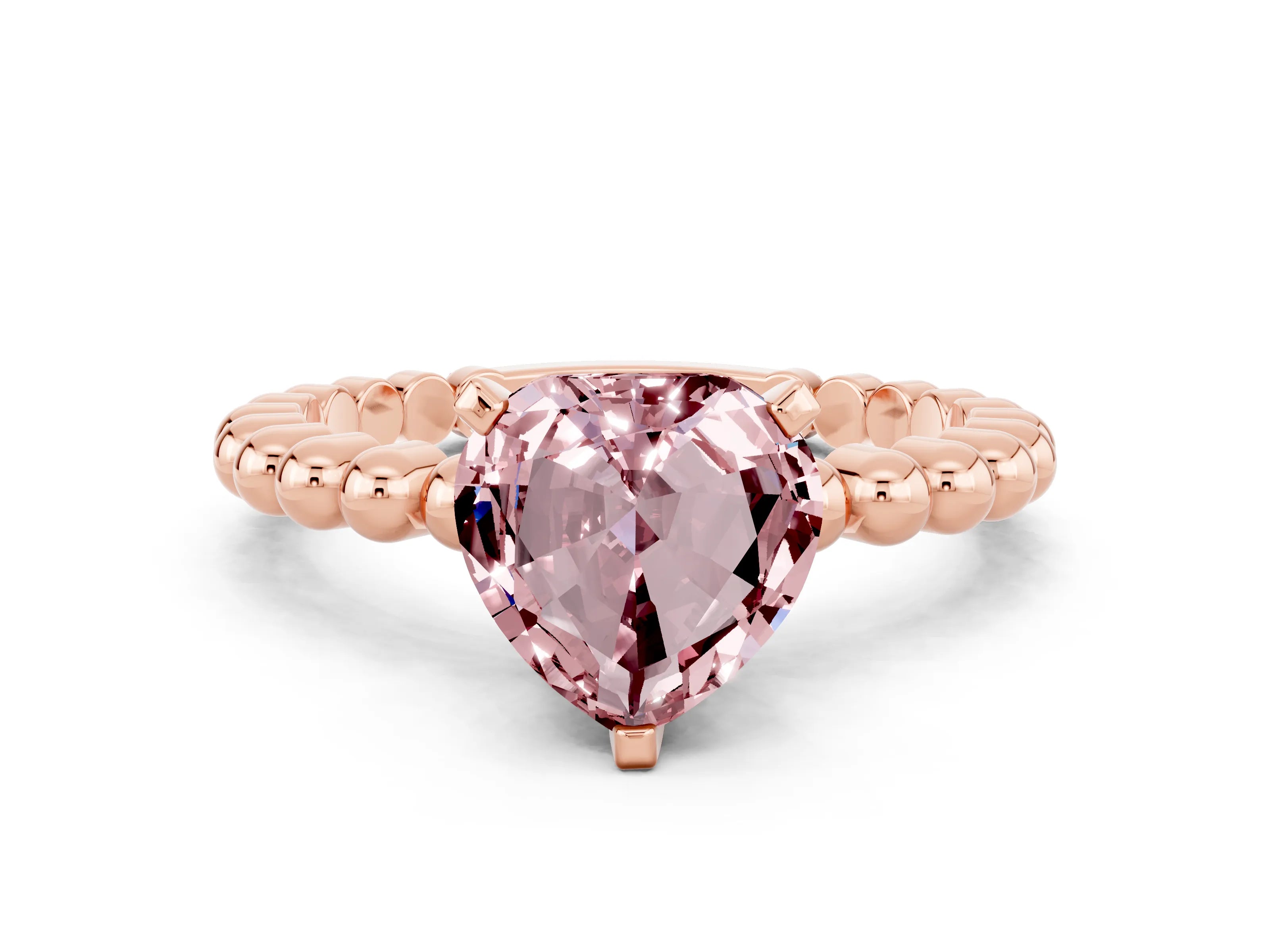 Rose gold Heart Cut Morganite Solitaire Ring with Beaded Band and Prong Setting