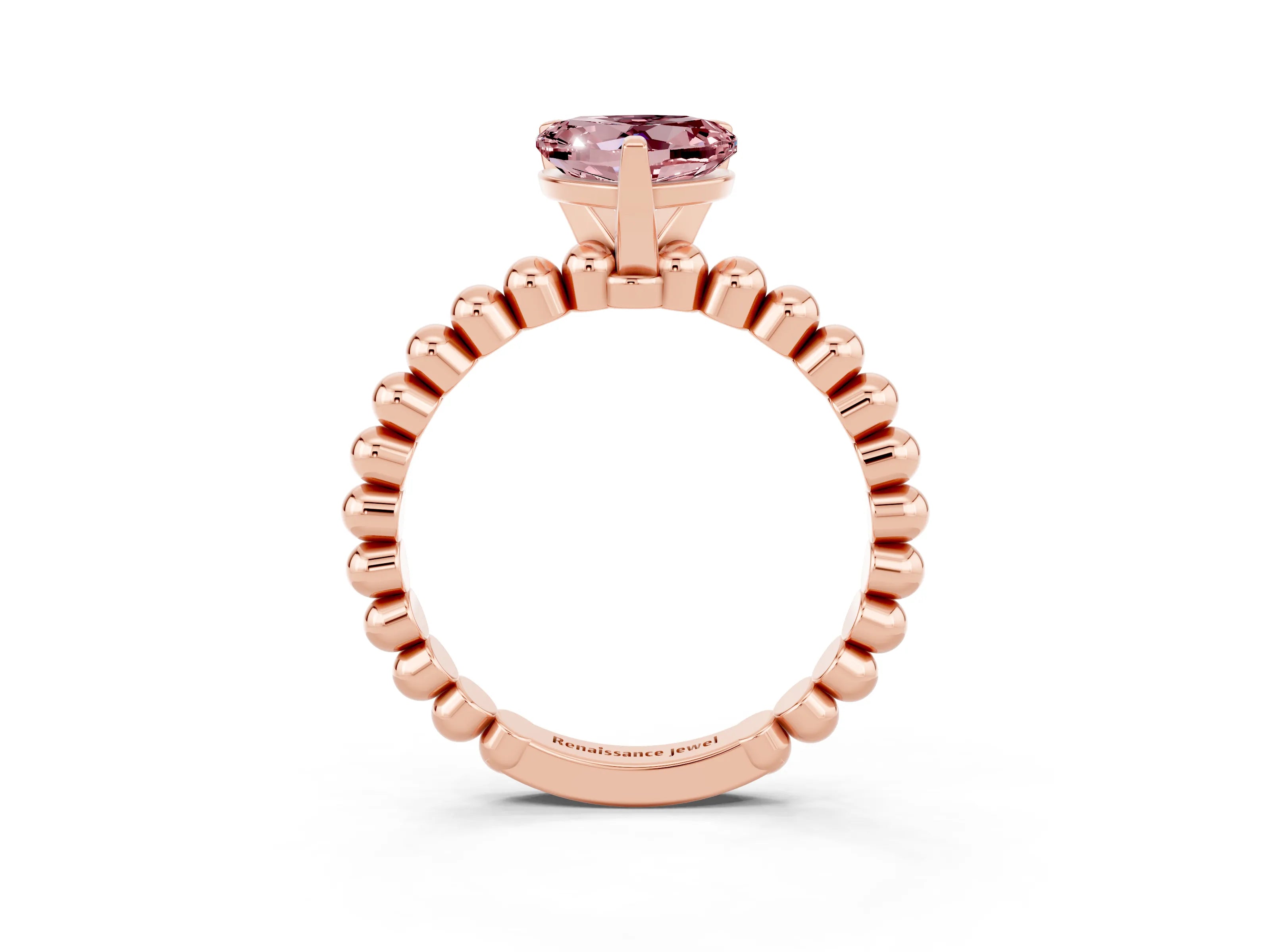 Rose gold Heart Cut Morganite Solitaire Ring with Beaded Band and Prong Setting_3