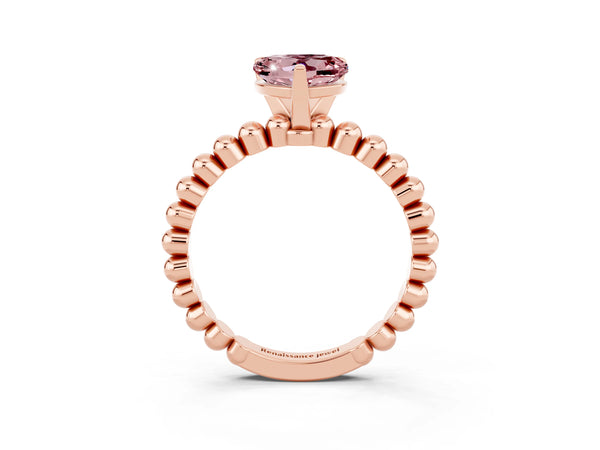 Rose gold Heart Cut Morganite Solitaire Ring with Beaded Band and Prong Setting