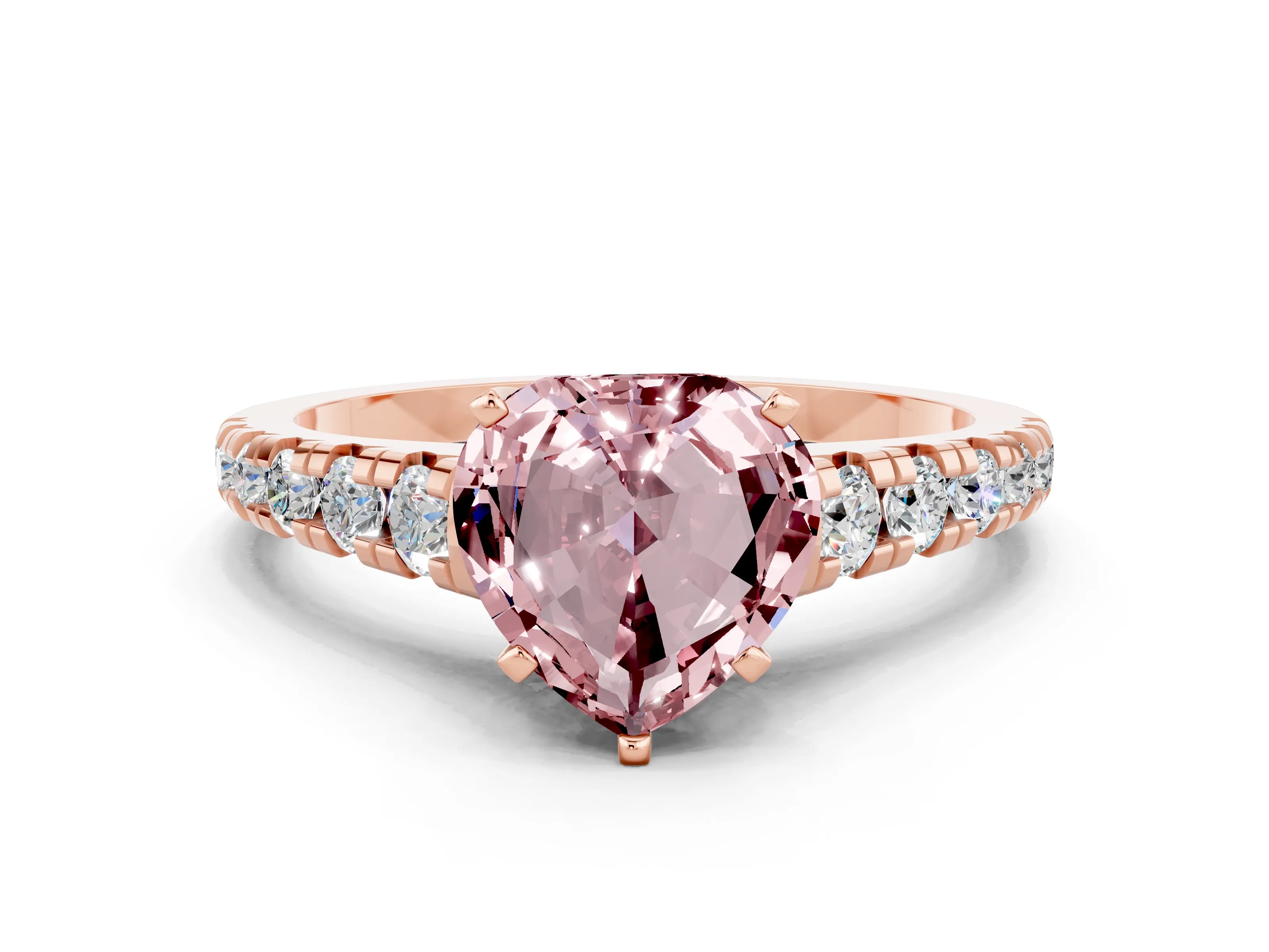 Rose gold Heart Cut Morganite Solitaire Ring with Cathedral Setting and Pavé Band