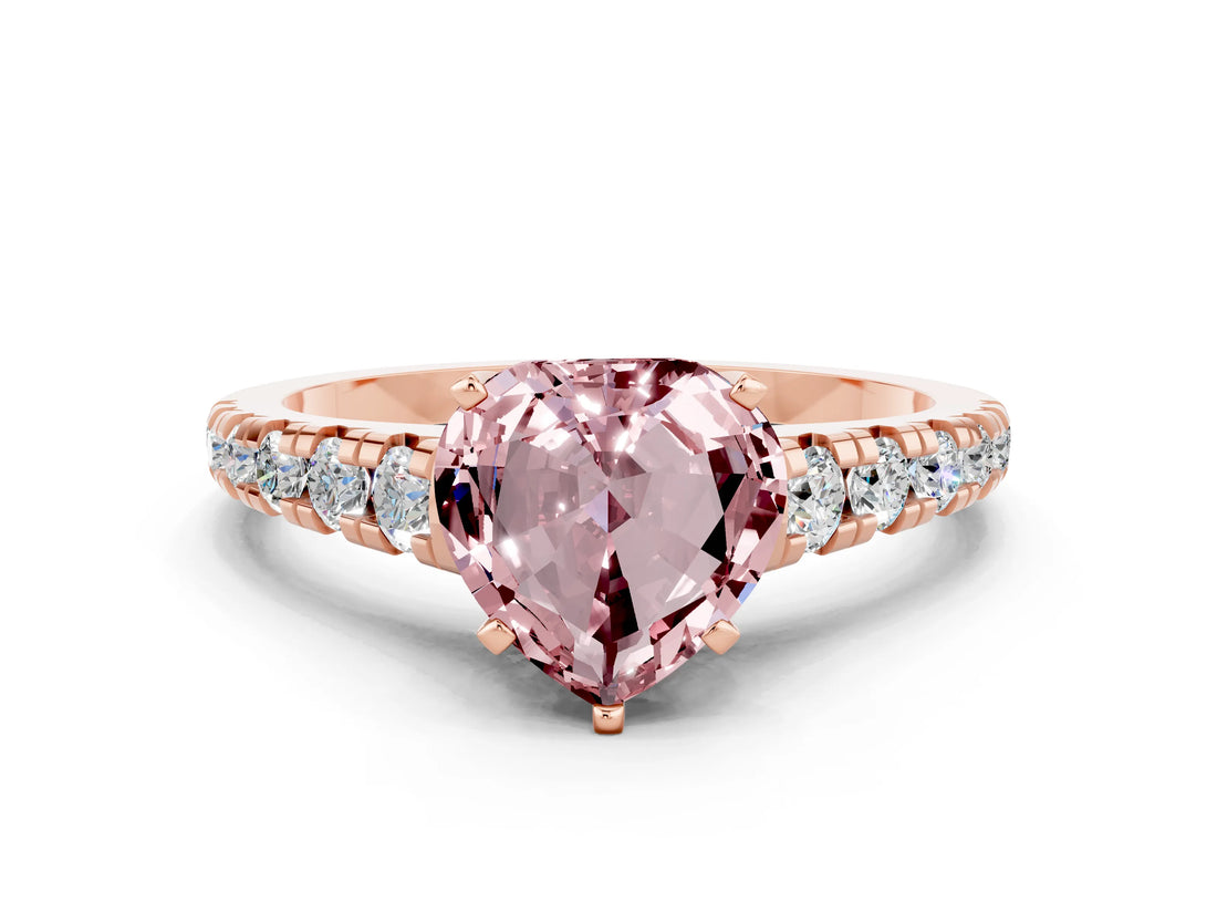Rose gold Heart Cut Morganite Solitaire Ring with Cathedral Setting and Pavé Band