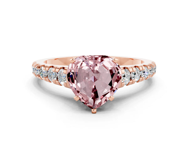 Rose gold Heart Cut Morganite Cathedral Solitaire Ring with Round  Pavé Band