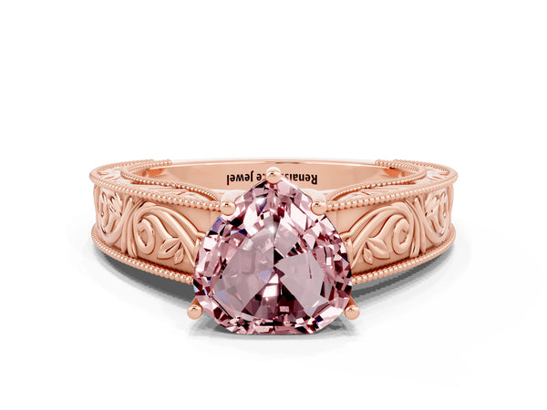 Rose gold Heart Cut Morganite Solitaire Ring with Engraved Band and Four-Prong Setting