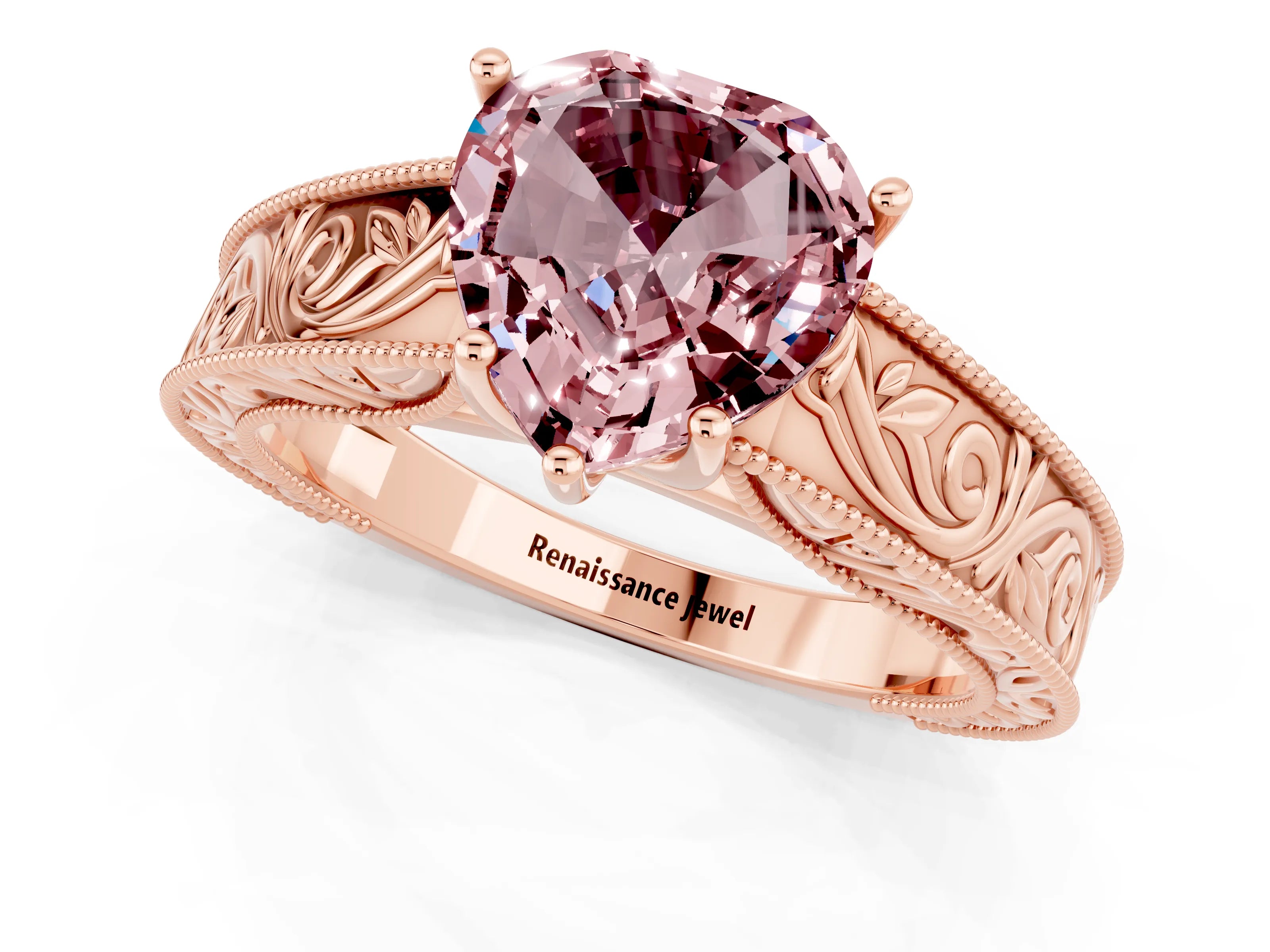 Rose gold Heart Cut Morganite Solitaire Ring with Engraved Band and Four-Prong Setting_1