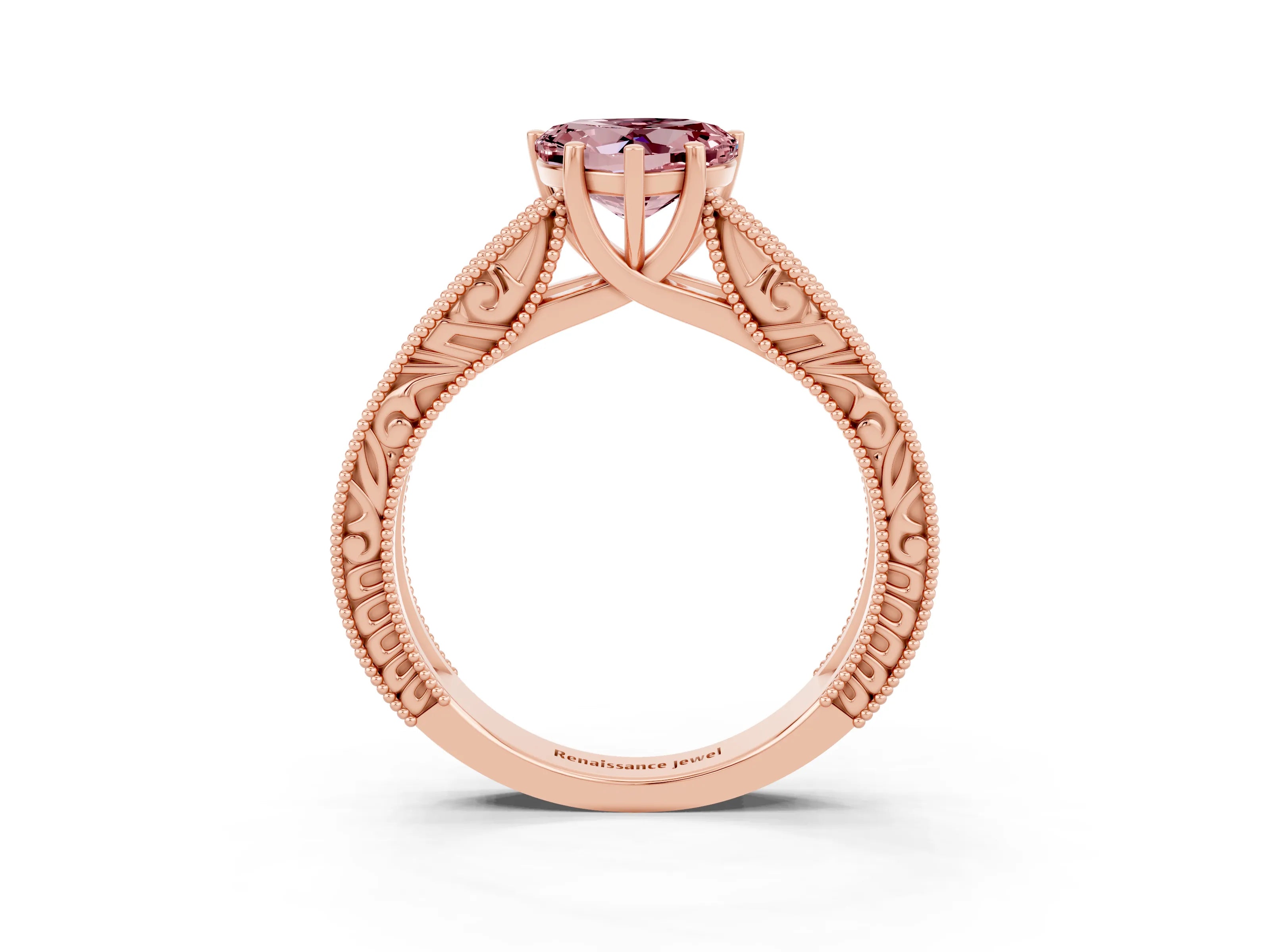 Rose gold Heart Cut Morganite Solitaire Ring with Engraved Band and Four-Prong Setting_3