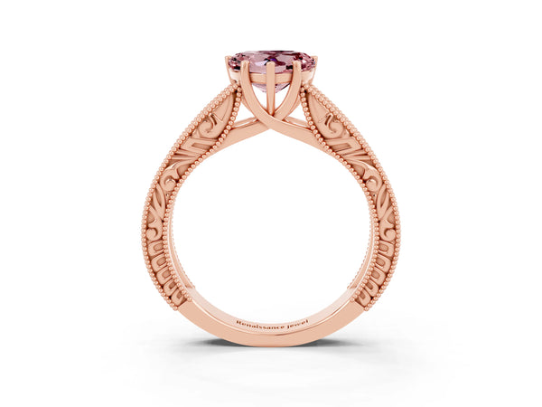 Rose gold Heart Cut Morganite Solitaire Ring with Engraved Band and Four-Prong Setting