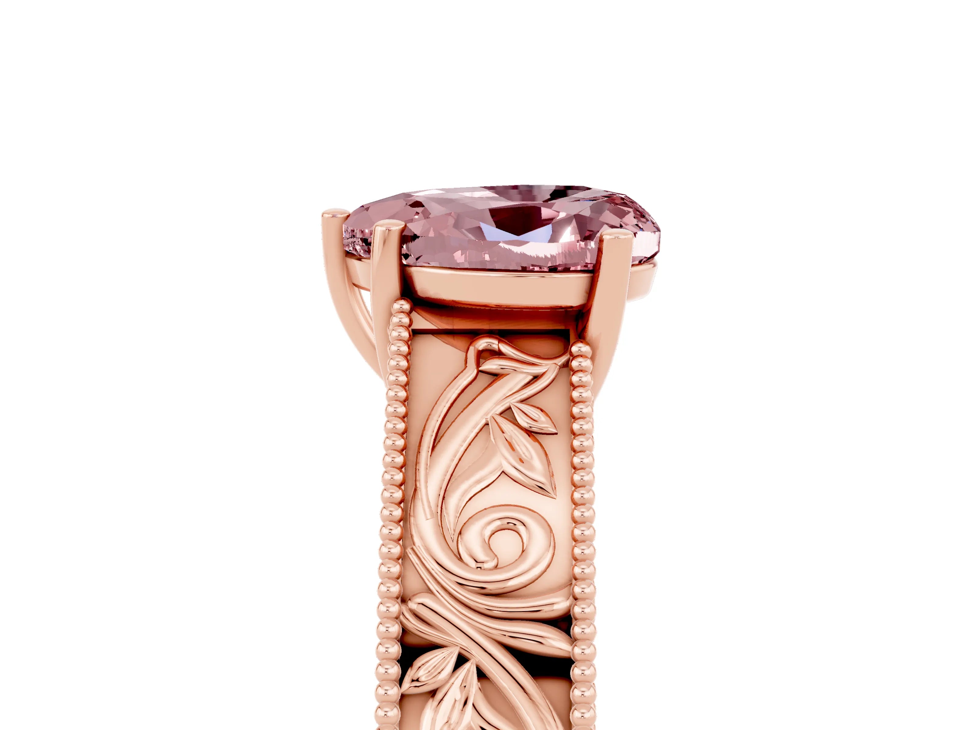 Rose gold Heart Cut Morganite Solitaire Ring with Engraved Band and Four-Prong Setting_5