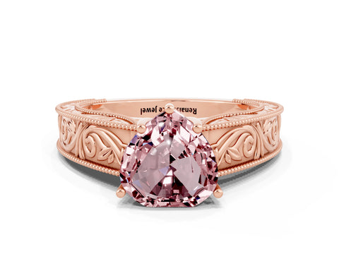 Rose gold Heart Cut Morganite Solitaire Ring with Engraved Band and Four-Prong Setting