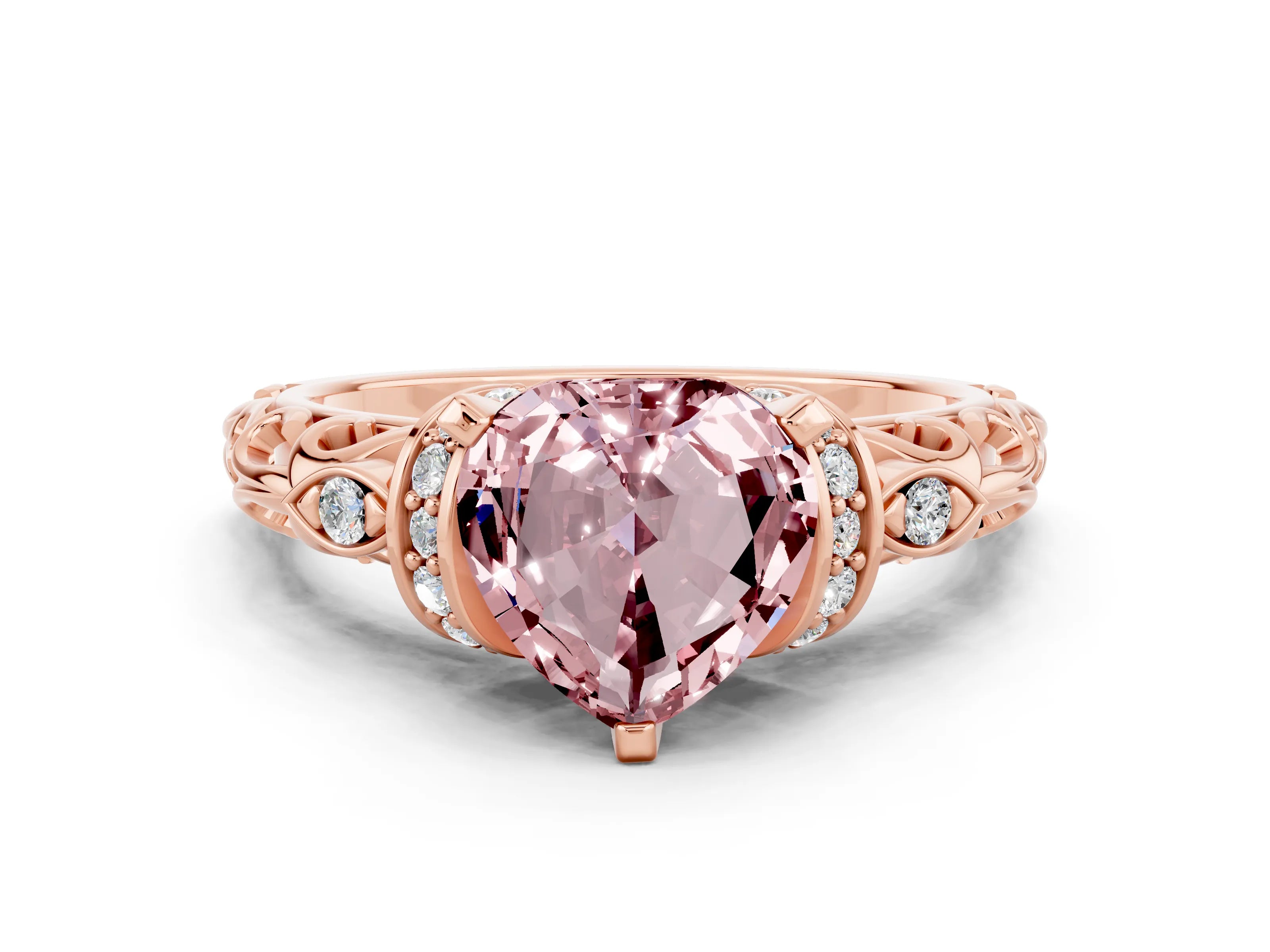 Rose gold Heart Cut Morganite Solitaire Ring with Filigree Band and Four-Prong Setting_24
