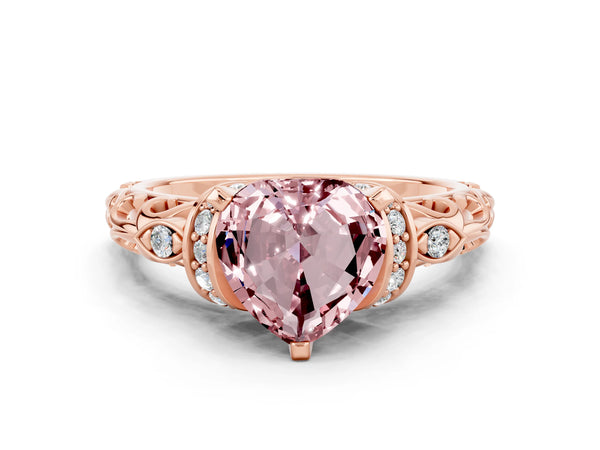 Rose gold Heart Cut Morganite Solitaire Ring with Filigree Band and Four-Prong Setting