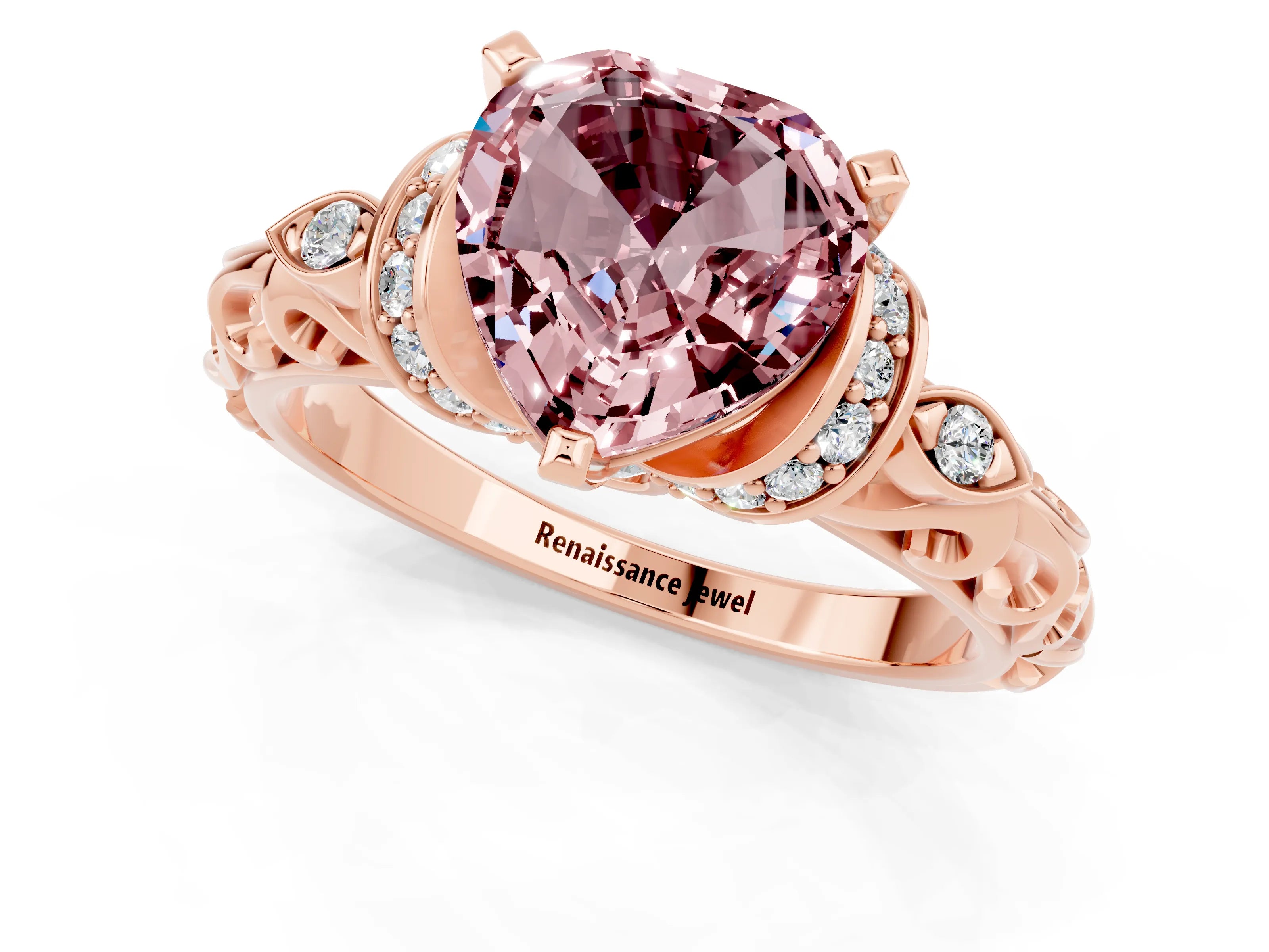 Rose gold Heart Cut Morganite Solitaire Ring with Filigree Band and Four-Prong Setting_25
