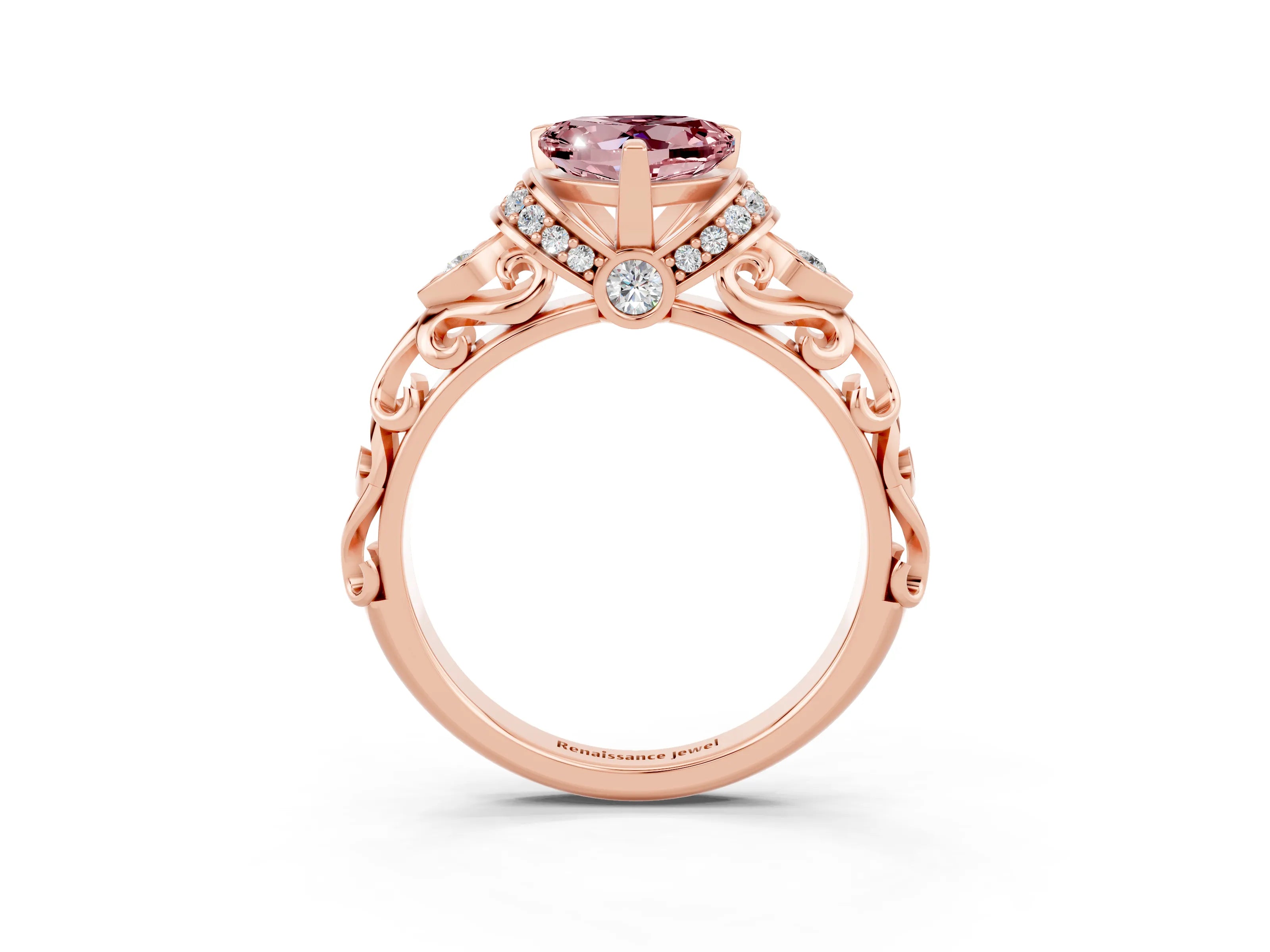 Rose gold Heart Cut Morganite Solitaire Ring with Filigree Band and Four-Prong Setting_27