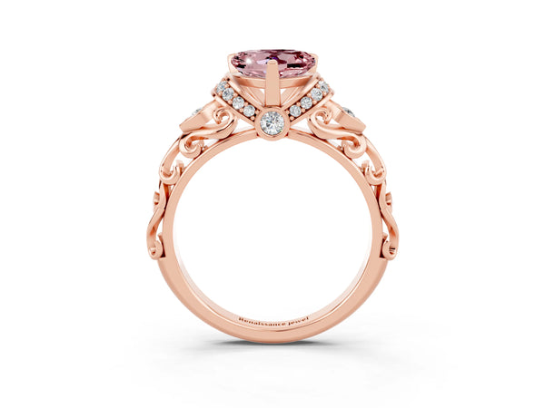Rose gold Heart Cut Morganite Solitaire Ring with Filigree Band and Four-Prong Setting