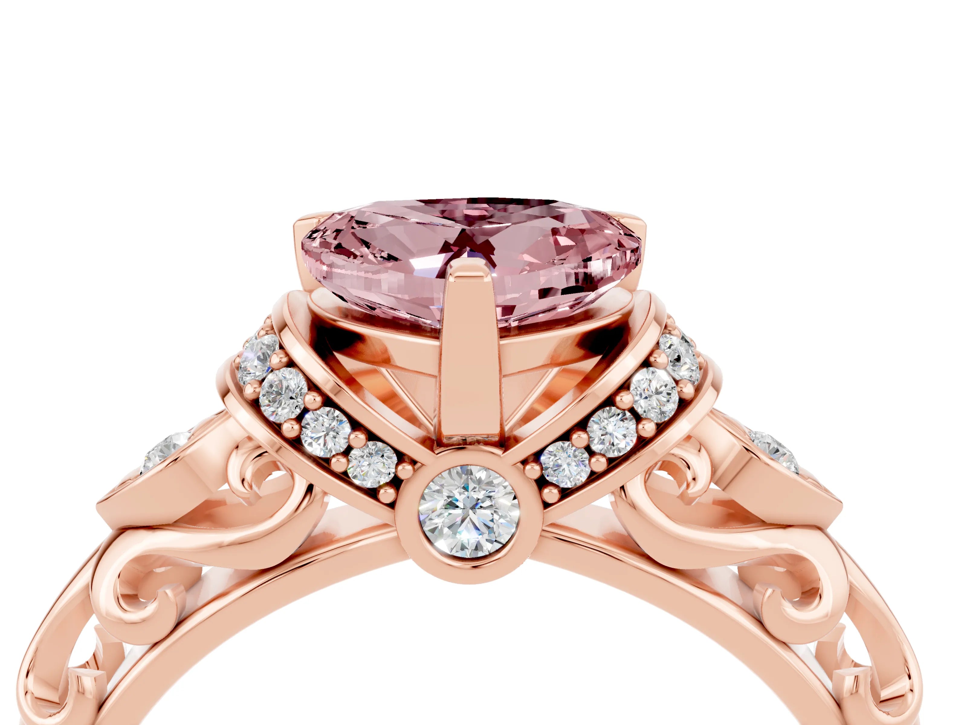 Rose gold Heart Cut Morganite Solitaire Ring with Filigree Band and Four-Prong Setting_28