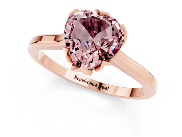 Rose gold Heart Cut Morganite Solitaire Ring with Flower Prong Setting and Classic Band