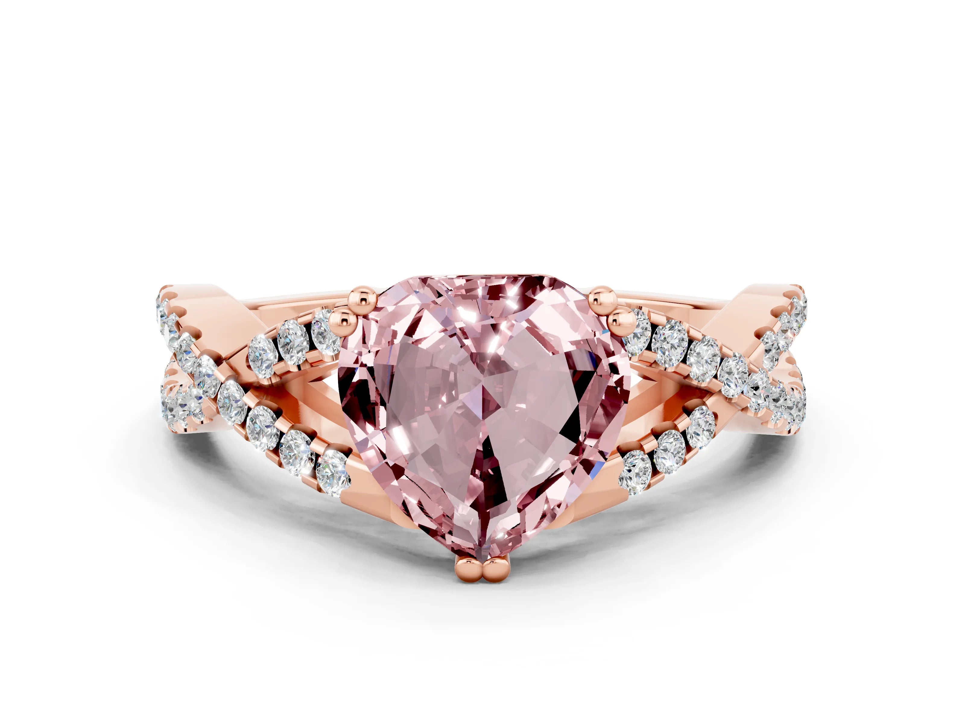 Rose gold Heart Cut Morganite Solitaire Ring with Four-Prong Setting and Twisted Pavé Band
