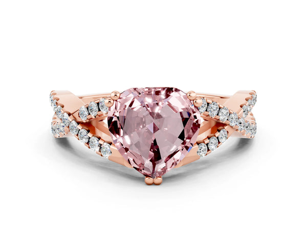 Rose gold Heart Cut Morganite Solitaire Ring with Four-Prong Setting and Twisted Pavé Band